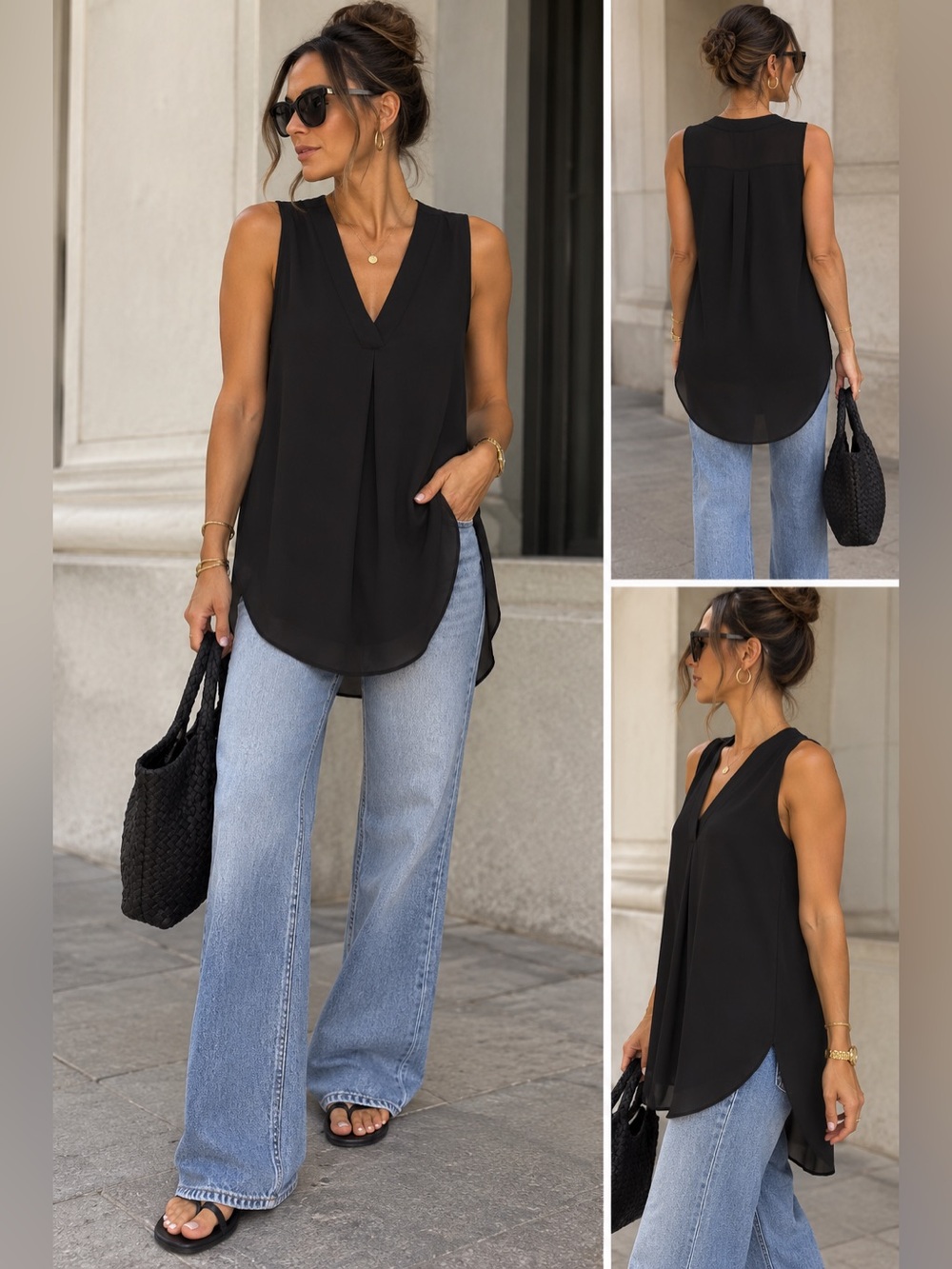 H&M Black Sleeveless V-Neck Pleated Camisole